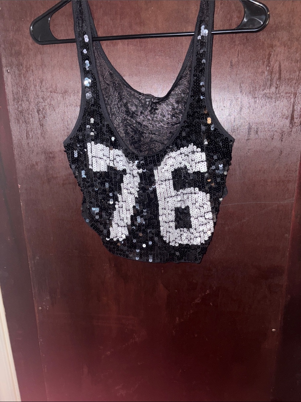 Express Black Sequin Tank Top with White '76' Detail